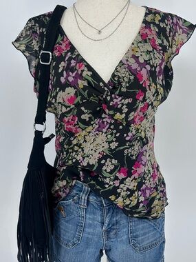 Vintage Y2K Floral Fairy Top Blouse Black Pink Cottagecore V Neck Twist M
